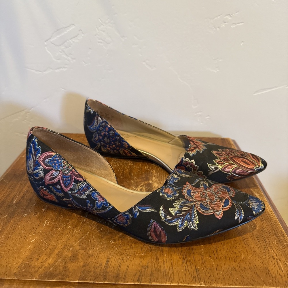 Naturalizer Samantha‎ Half d'Orsay Flat Black Metallic Floral Embroidered Size 6